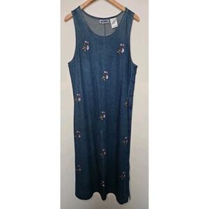 Vintage Erika & Co Denim Jumper Dress M Maxi Embroidered Floral Cottage Country
